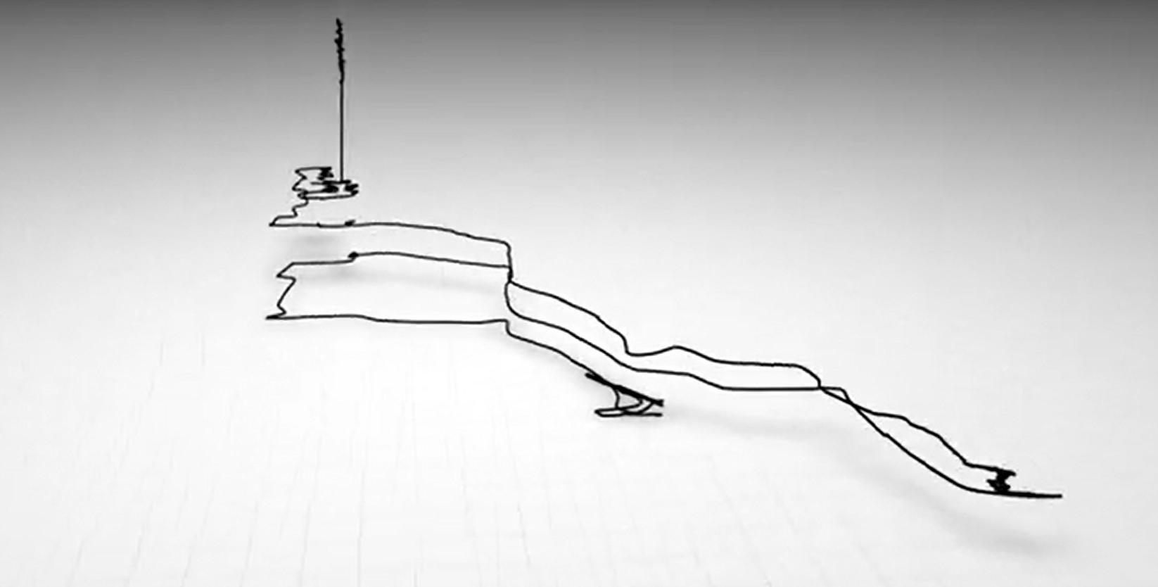 Image of a Space-Time line, a black line that depicts the movement of a person in 3 dimensional space: over x and y axis in space and moving up the y axis with time